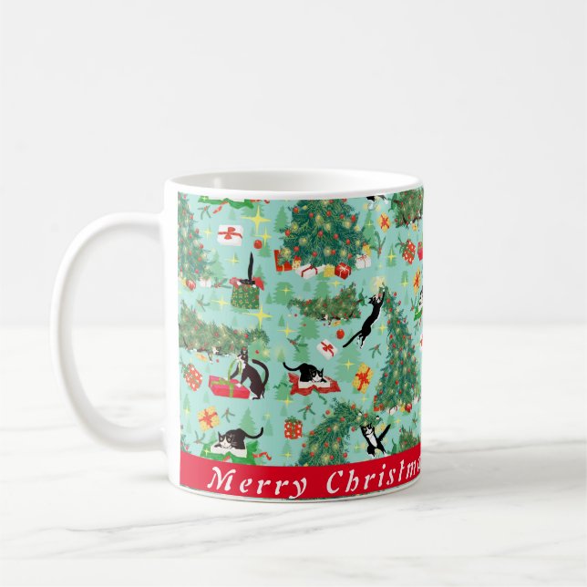 Taza De Café Gracioso gato y Personalizado de árbol de Navidad  (Izquierda)