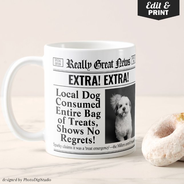Taza De Café Gracioso Mascota personalizado Mug, periódico edit (Editable Funny Gift for Pet Owner, Personalized Mug Newspaper Mug with Pet Photo)