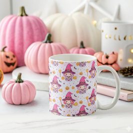 Taza De Café Gracioso patrón de Halloween con calabazas y bruja