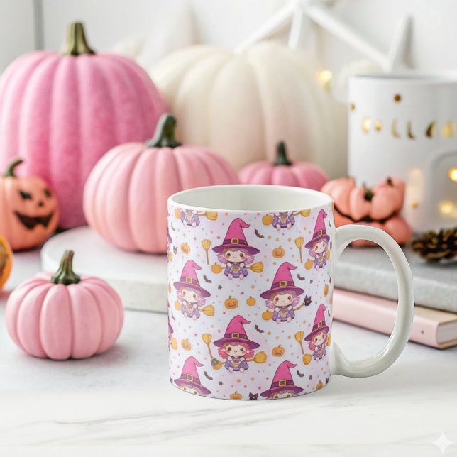 Taza De Café Gracioso patrón de Halloween con calabazas y bruja (Subido por el creador)