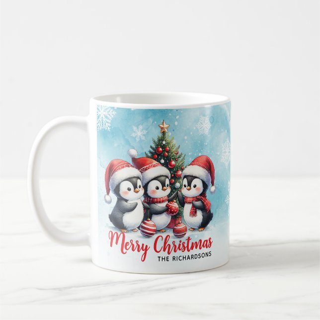 Taza De Café Gracioso Pingüinos Blue y Red Merry Christmas (Izquierda)