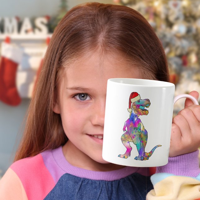 Taza De Café Gracioso Psicodelia Tyrannosaurus Rex Santa Dinosa (Colorful Christmas dinosaur T-Rex wearing a Santa hat pink purple green dino for girls)