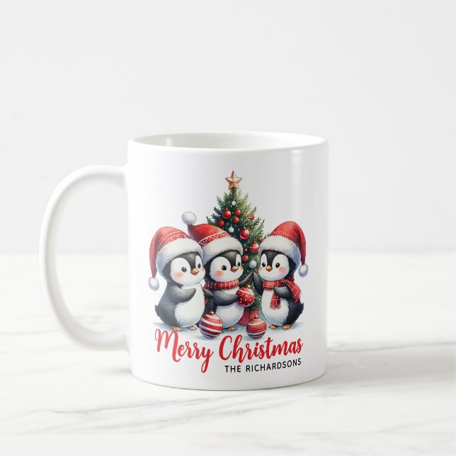 Taza De Café Graciosos pingüinos White y Red Merry Christmas (Izquierda)