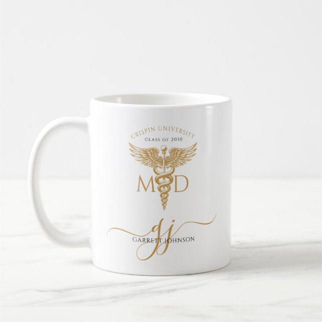 Taza De Café Graduación de Médico MD de oro moderno (Izquierda)