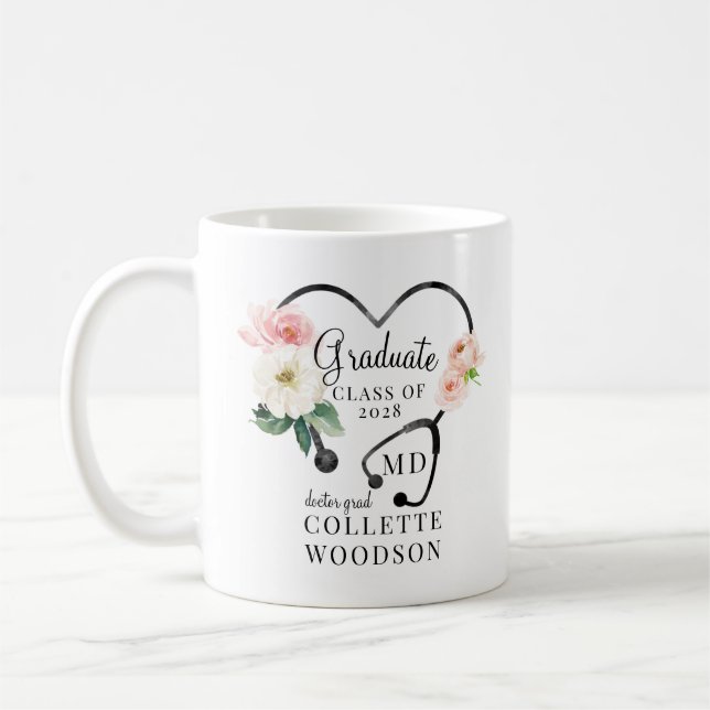 Taza De Café Graduación Médica de estetioscopio floral acuarela (Izquierda)