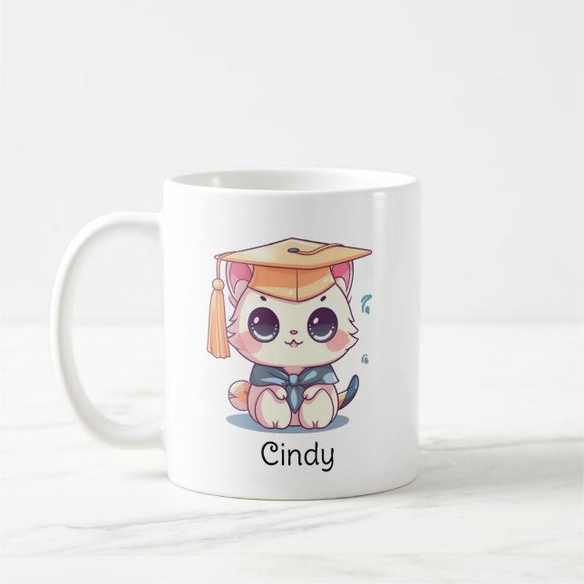 Taza De Café Graduación personalizada de gato kawaii lindo (Izquierda)
