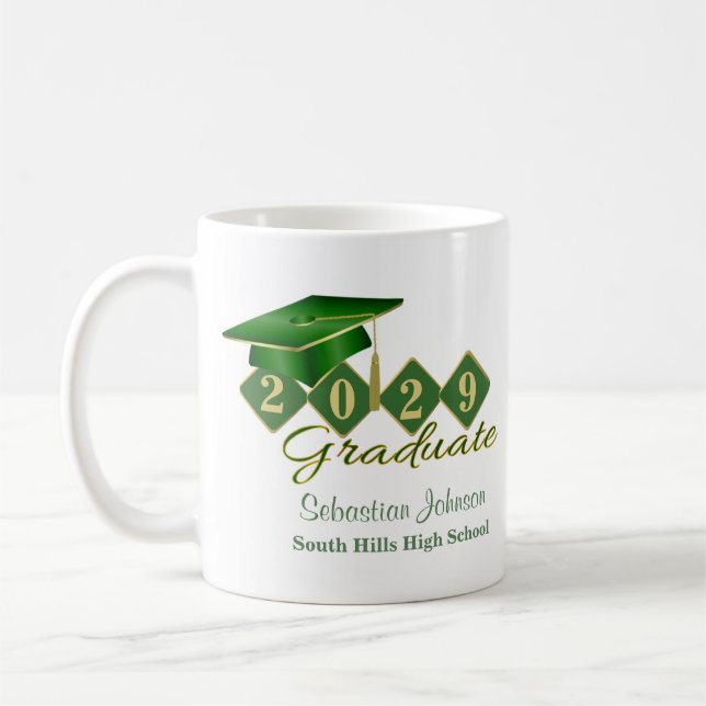 Taza De Café Graduación personalizada Verde y Oro (Izquierda)