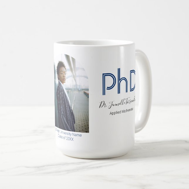 Taza De Café Graduación PhD moderna con foto azul Keepsake (Anverso derecho)