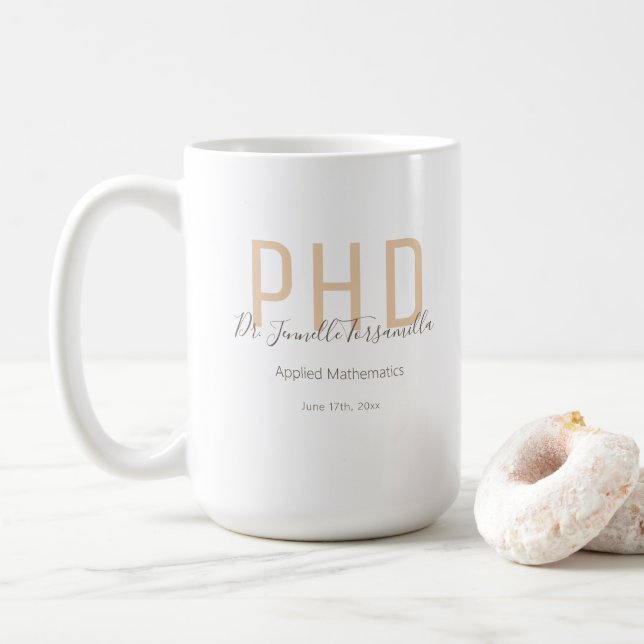 Taza De Café Graduado Keepsake Beige Brown Name PhD (Con donut)