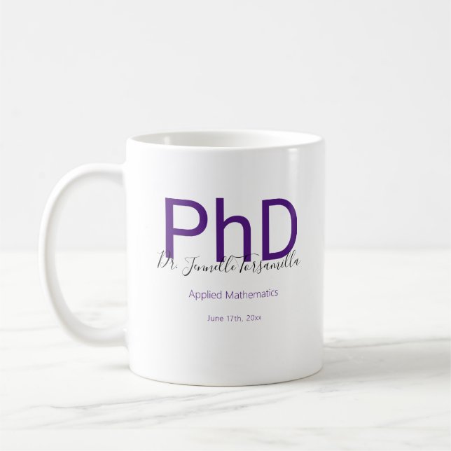 Taza De Café Graduado Keepsake Black Purple Name PhD Graduación (Izquierda)