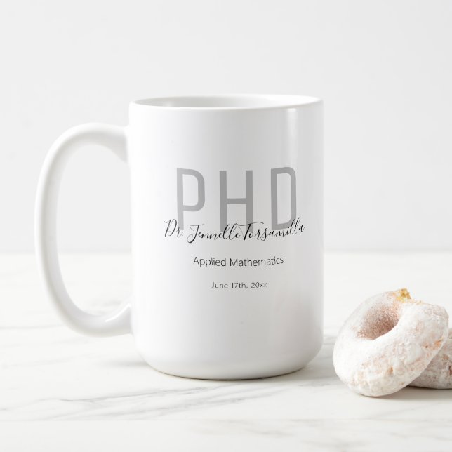 Taza De Café Graduado Keepsake Nombre gris negro PhD (Con donut)