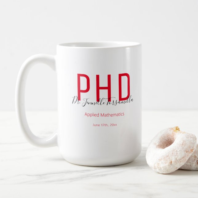 Taza De Café Graduado Keepsake Red Black Name PhD (Con donut)
