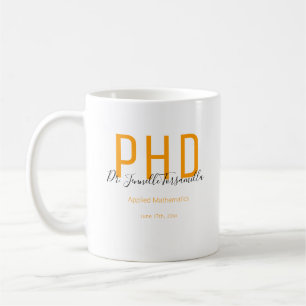 Taza De Café Graduado Naranja de color Negro Fecha de grado PhD
