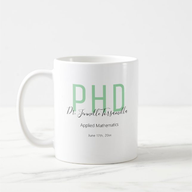 Taza De Café Graduate Keepsake Green Gray Name Degree PhD (Izquierda)
