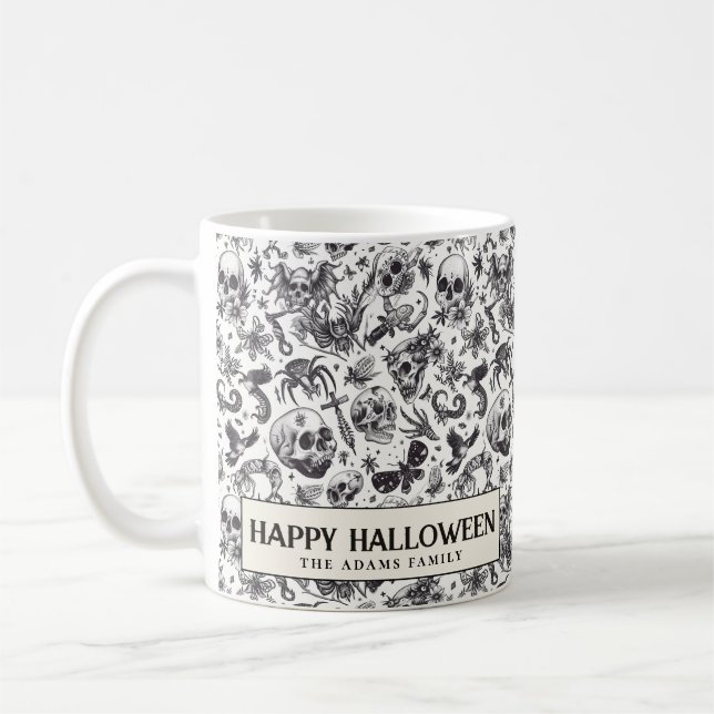 Taza De Café Graffiti en blanco y negro Skulls Halloween (Izquierda)