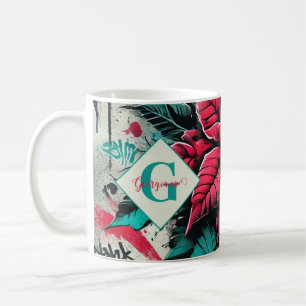 Taza De Café Graffiti floral de poinsettia esponjoso personaliz