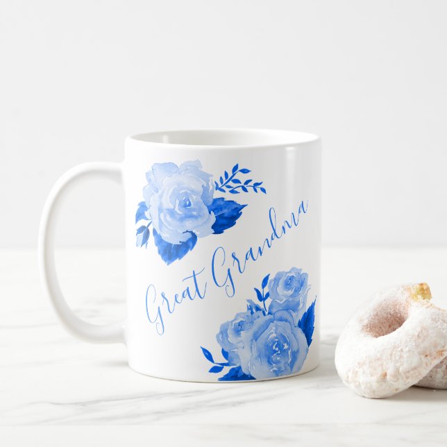 Taza De Café Gran Abuela Acuarela Floral Azul Rosa (Con donut)