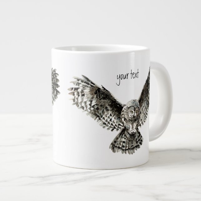 Taza De Café Grande Acuarela Gran Lechuza Gris a Personalizar (Derecha)