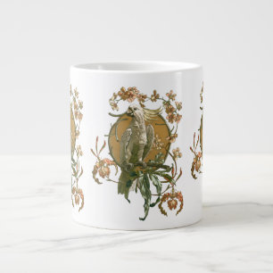 Taza De Café Grande Arte antiguo modernista, loro cacatúa, flores de o