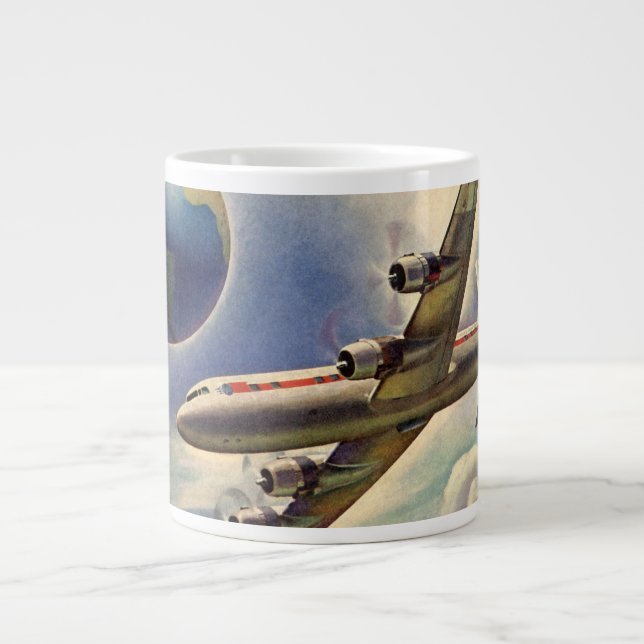 Taza De Café Grande Avión de época volando por el mundo en nubes (Frente)