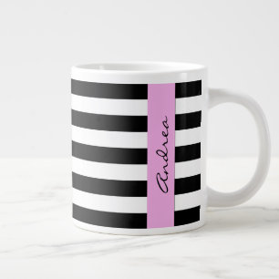 Taza De Café Grande Bandas en blanco y negro, rayas, líneas, nombre