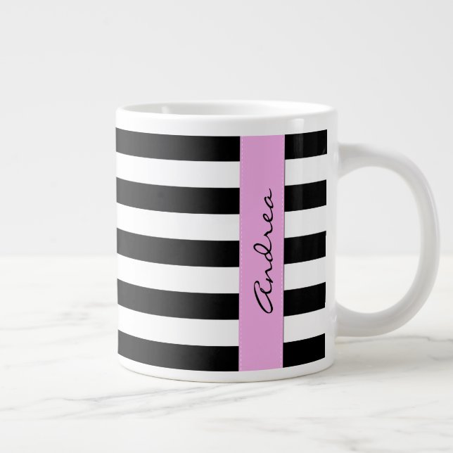 Taza De Café Grande Bandas en blanco y negro, rayas, líneas, nombre (Derecha)