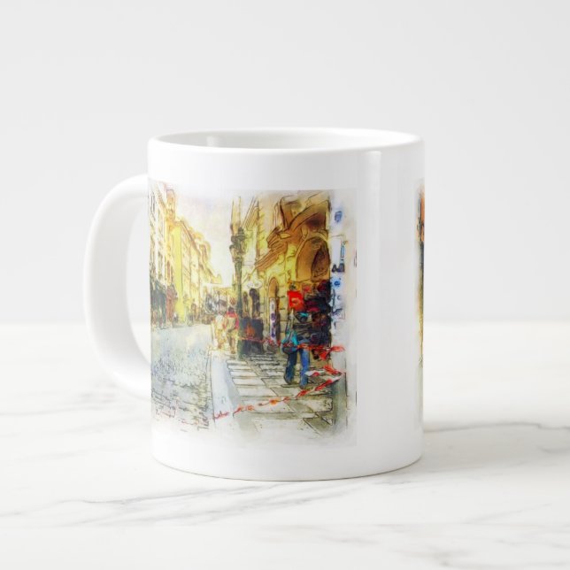 Taza De Café Grande Calles de la acuarela vieja de Praga (Izquierda)