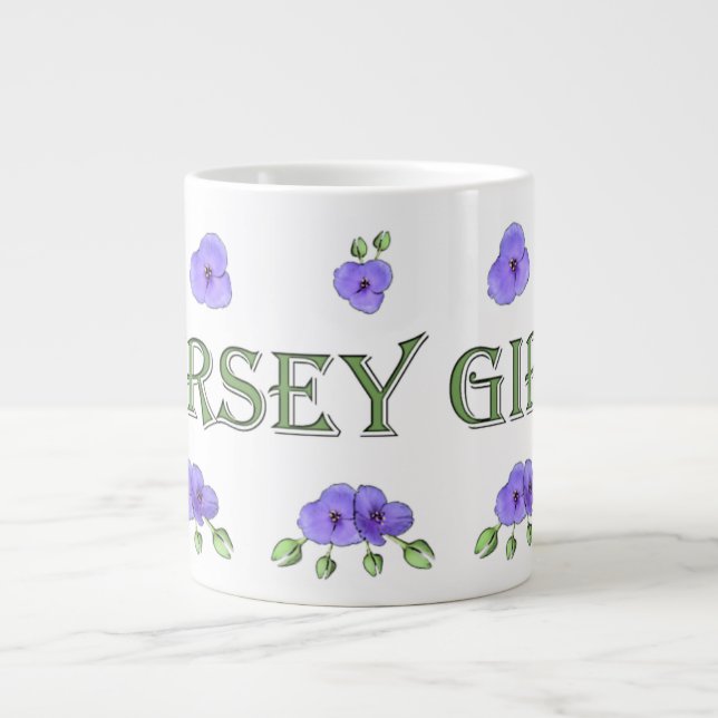 Taza De Café Grande "Chica del jersey" con las violetas púrpuras (Frente)