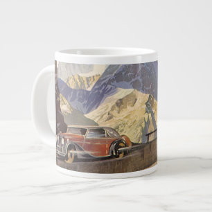 Taza De Café Grande Coche antiguo en carretera de montaña en invierno 