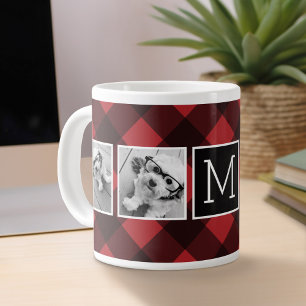 Taza De Café Grande Colaje de Fotos - Monograma Plaid de Búfalo Rojo N