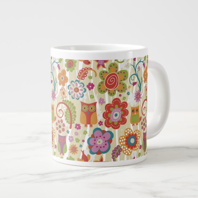 Taza De Café Grande Color floral y búho (Derecha)