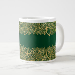 Taza De Café Grande Cordón de oro de la hoja en fondo verde