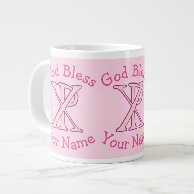 Taza De Café Grande Cruz cristiana de Chi Ro rosa personalizada (Izquierda)