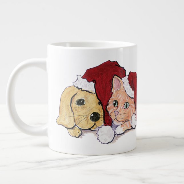 Taza De Café Grande Cuidados Navidades Labrador Puppy y Naranja Tabby (Izquierda)