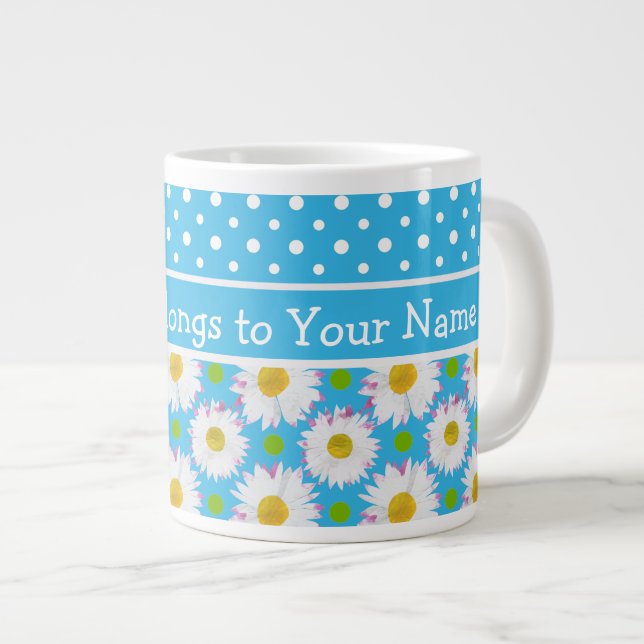 Taza De Café Grande Daisies blancos y puntos de polka en azul cielo (Derecha)