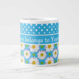 Taza De Café Grande Daisies blancos y puntos de polka en azul cielo