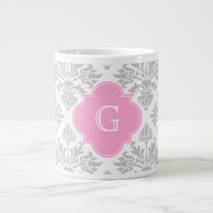 Taza De Café Grande Damasco Floral Blanco Gris Lg #3 Monograma Rosa