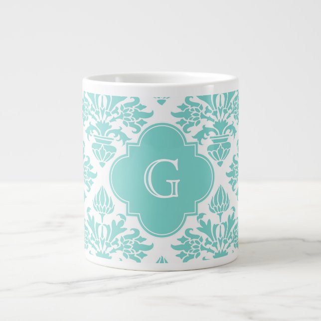 Taza De Café Grande Damasco Floral De Lg Aqua #3 Monograma De Quatrefo (Frente)