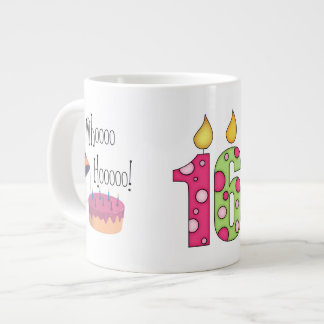 Taza De Café Grande Décimosexto cumpleaños/velas felices+Nombre del