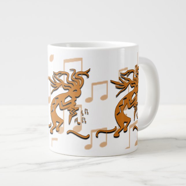 Taza De Café Grande Derecha Enfrentando Al Músico Kokopelli Con Notas  (Derecha)