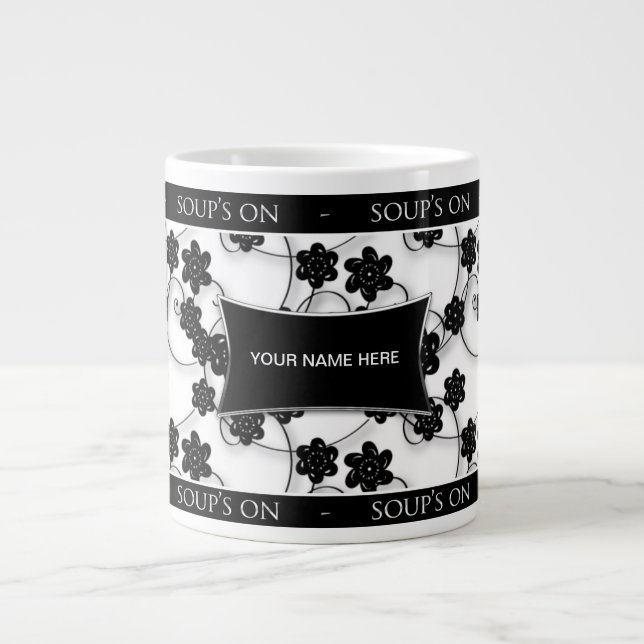 TAZA DE CAFÉ GRANDE DISEÑO FLORAL NEGRO Y BLANCO DEL CUENCO PARA SOPA (Frente)