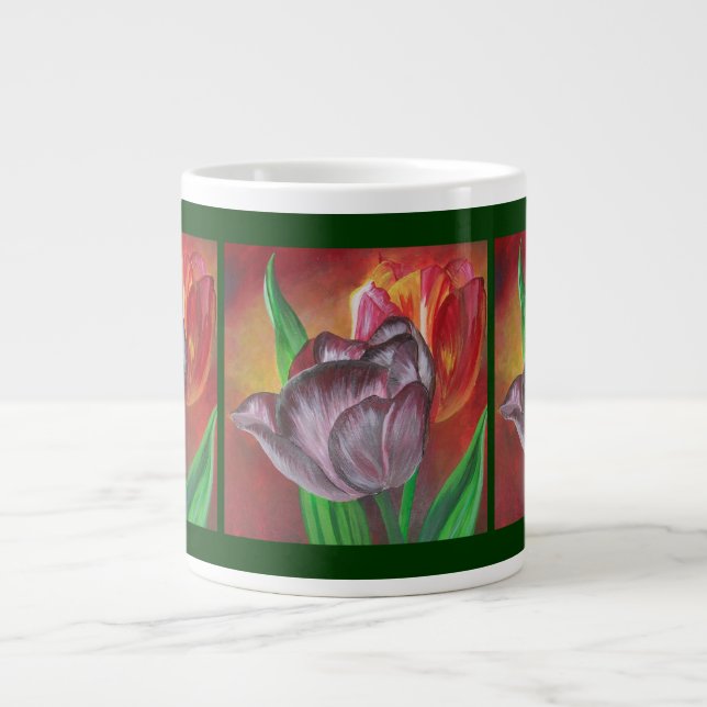 Taza De Café Grande Dos tulipanes contra fondo rojo (Frente)