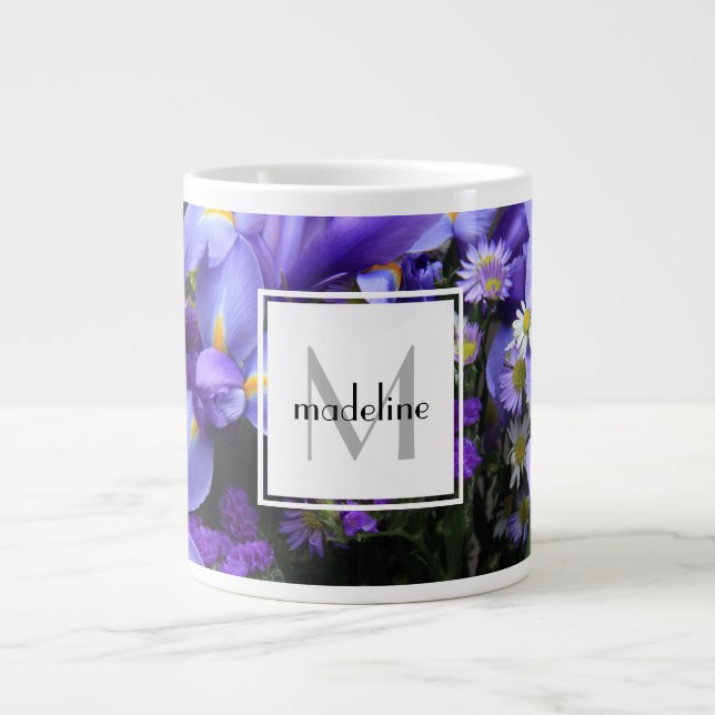 Taza De Café Grande El iris floral, púrpura personalizado, añade (Frente)