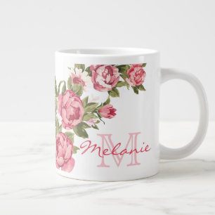 Taza De Café Grande El vintage se ruboriza los Peonies rosados nombre,