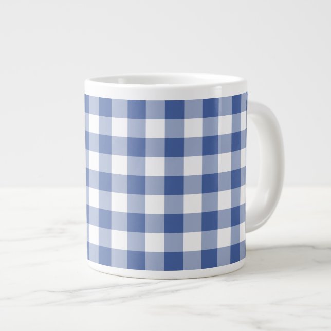 Taza De Café Grande Elegante Mug Jumbo, Azul Oscuro Check Gingham (Derecha)
