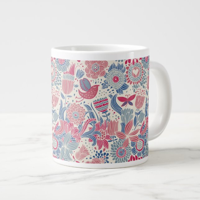 Taza De Café Grande Estampado de flores con el pájaro y la mariposa (Derecha)