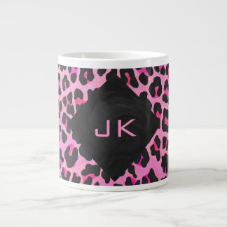 Taza De Café Grande Estampado de leopardo en negro y rosa intenso con