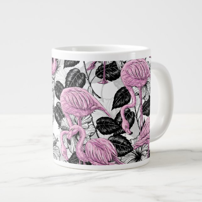 Taza De Café Grande Flamencos y flores de hibisco (Derecha)