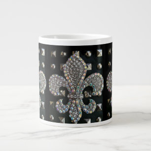 TAZA DE CAFÉ GRANDE FLOR DE LIS CRISTALINA EN FONDO NEGRO TACHONADO