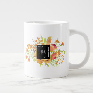 Taza De Café Grande Floral acuarela personalizada con monograma